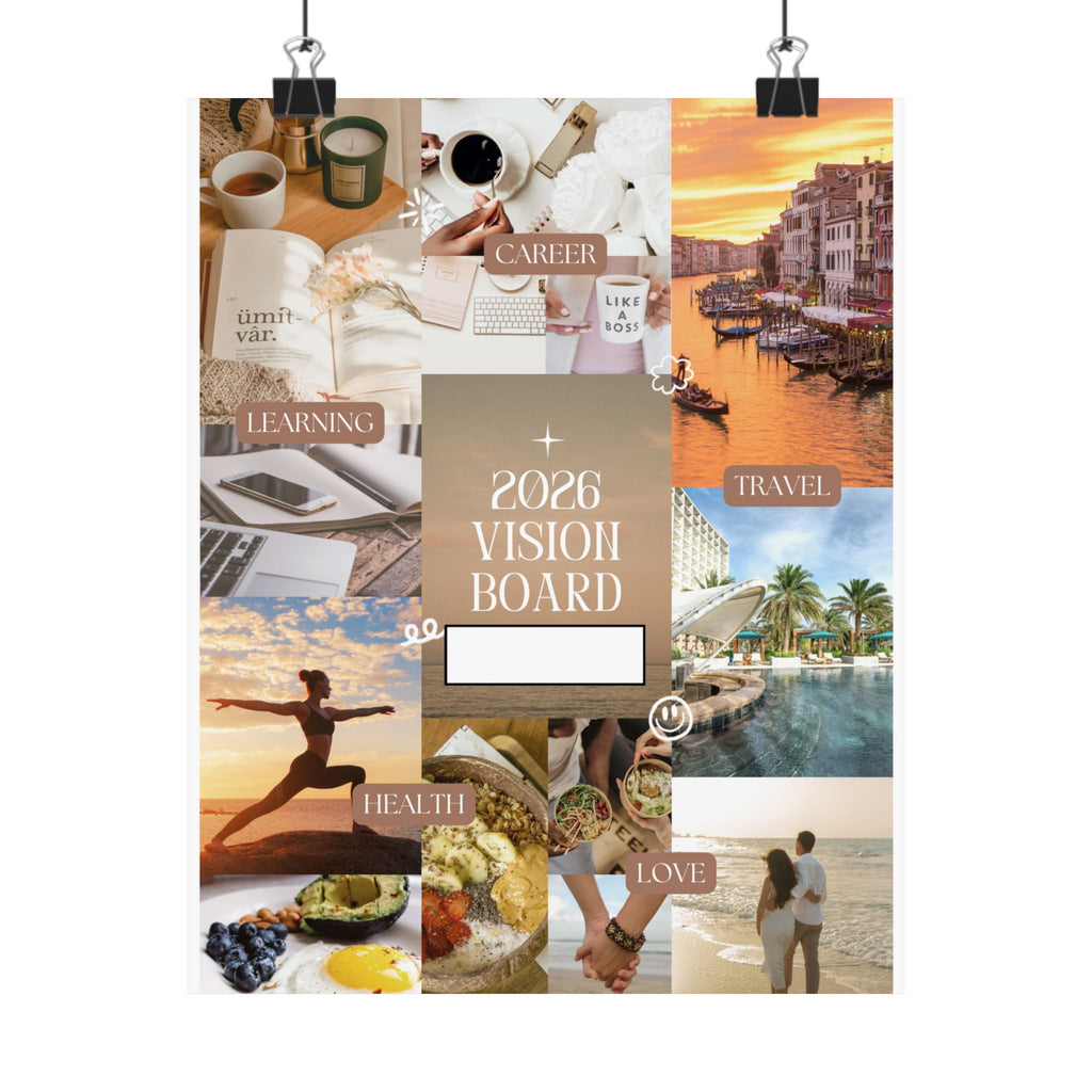 2026 Vision Board Poster — Matte Inspirational Collage for Travel, Health & Career Goals