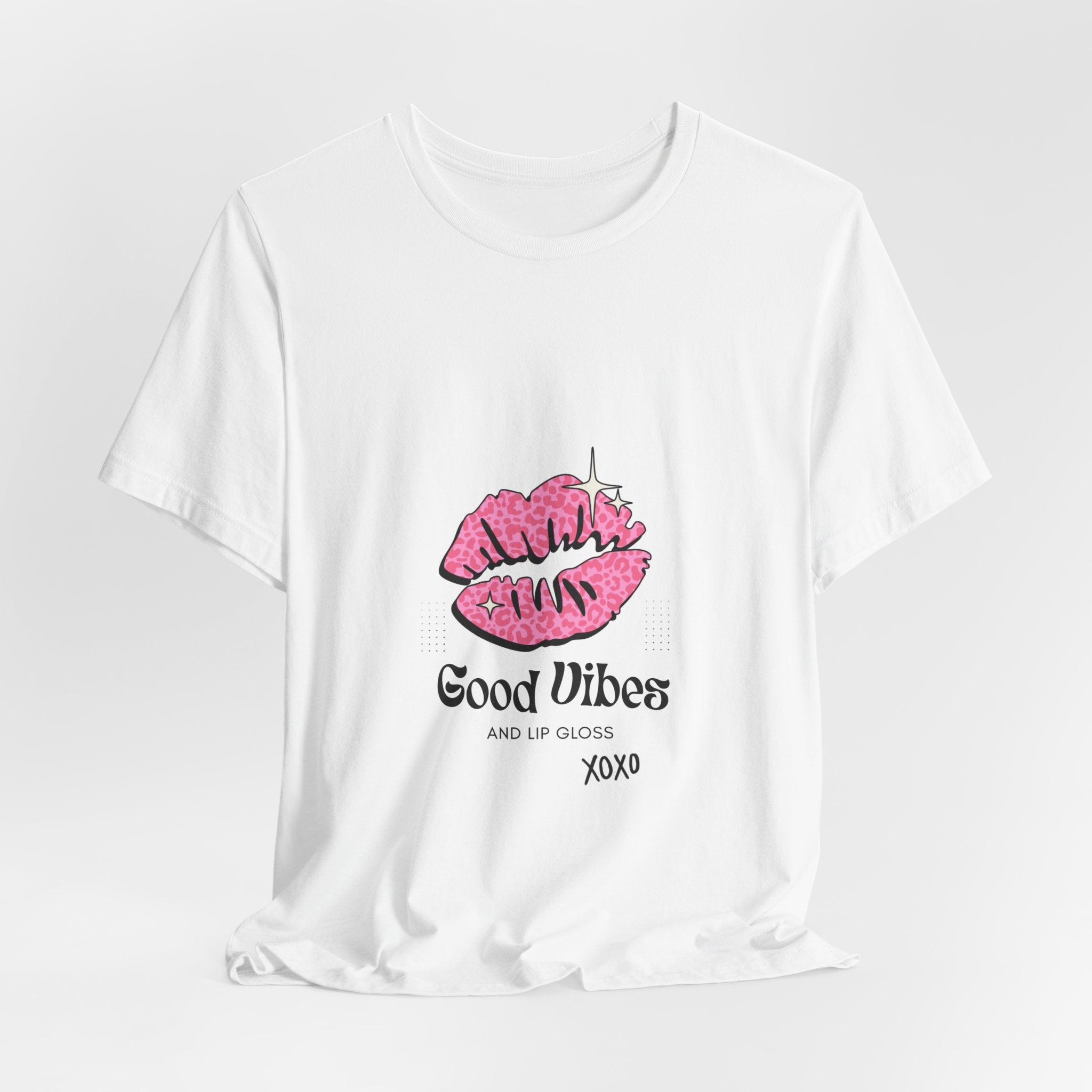 Good Vibes Lip Print Tee — "Good Vibes and Lip Gloss XOXO" Graphic T-Shirt