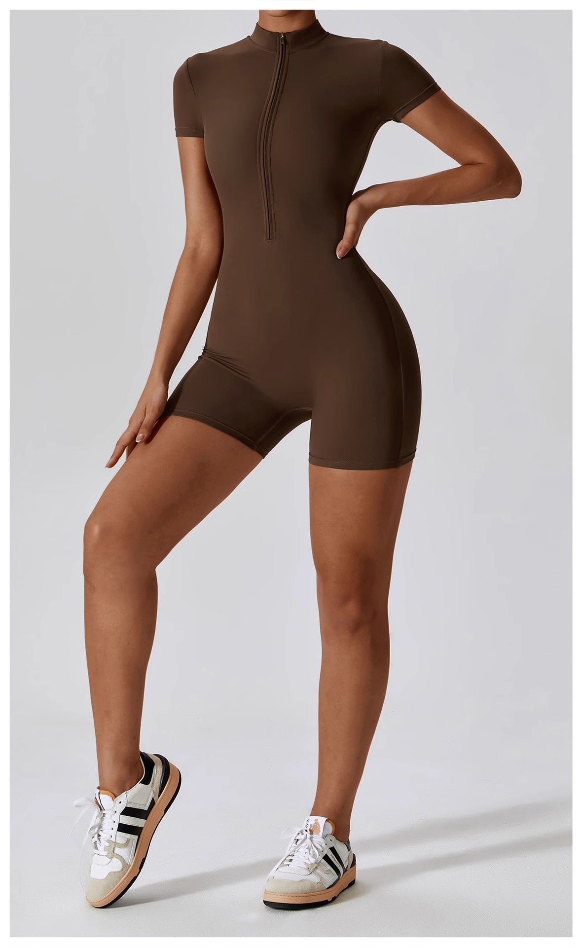 Summer Zip-Up Short Sleeve Shorts Yoga Bodysuit For Women - Dance Workout Form-Fitting One-Piece