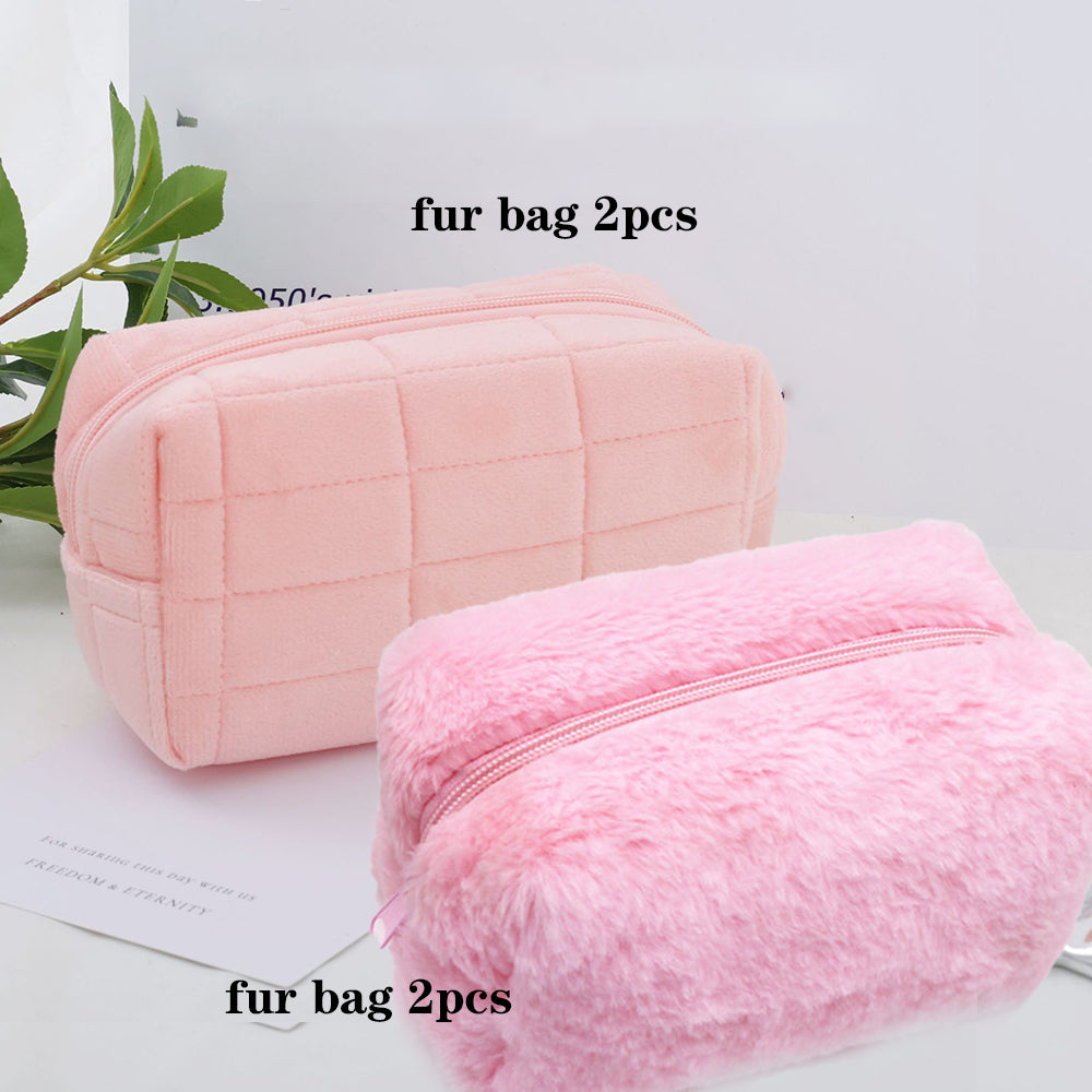 4pcs Cute Fluffy Cosmetic Bag Female Large Capacity Senior Sense Portable Autumn And Winter Plush Storage Bag